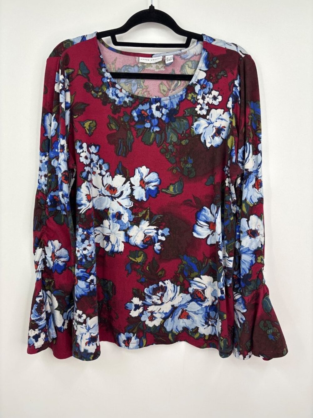 Susan Graver Floral Print Long Bell Sleeve Top Red Blue Size Large